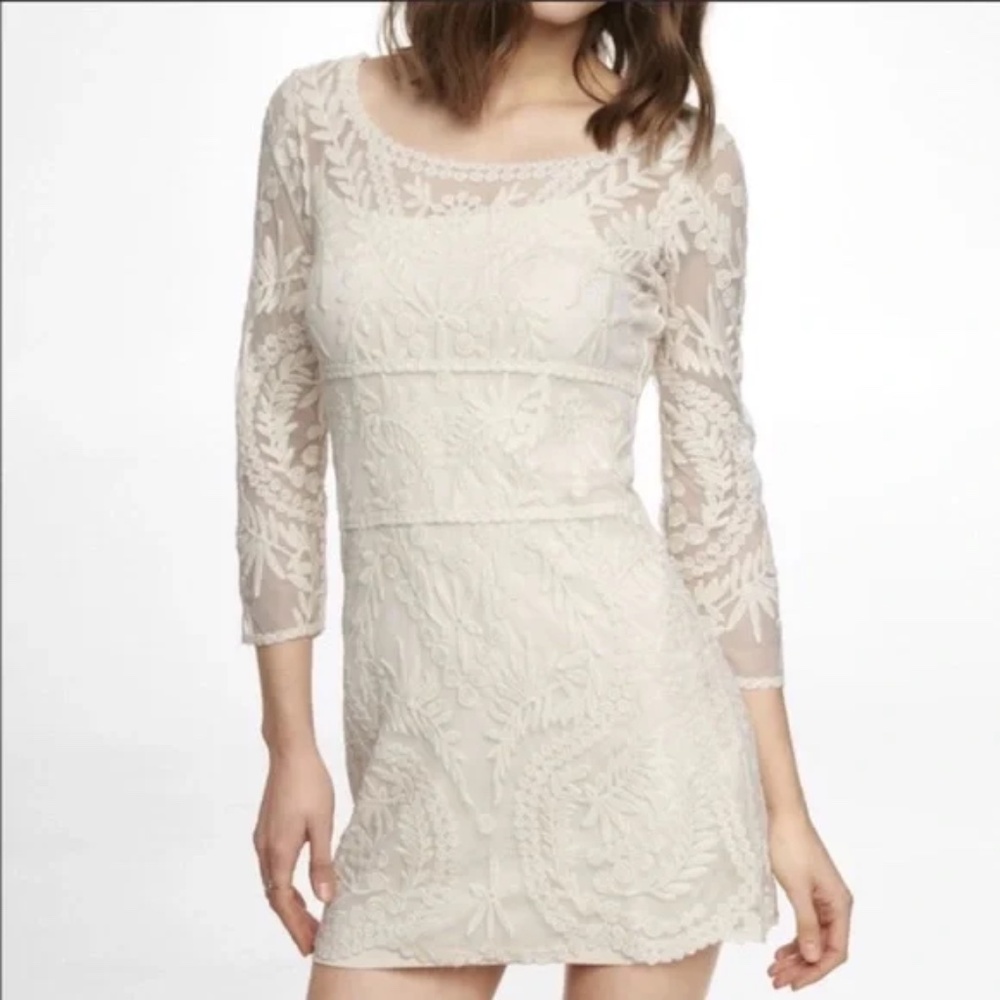 Express Sheer Cream Lace Mini Dress With Slip Insert 3/4 sleeve Medium NWT